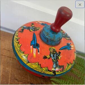Vintage Tin Litho Spinning Top Astronaut Spaceman Rocket Ship Ohio Art
